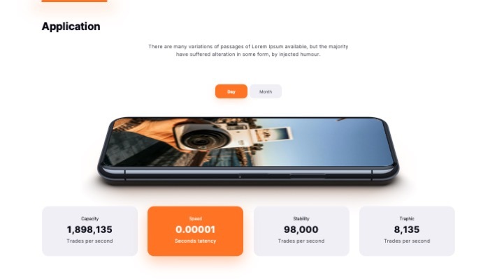 Пример слайда: «Application» — макет смартфона и четыре карточки с показателями приложения