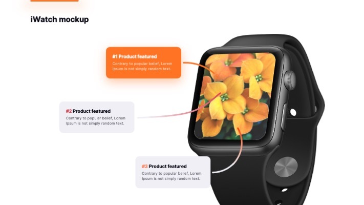 Пример слайда: «iWatch mockup» — умные часы с цветами на экране и три выноски с описанием