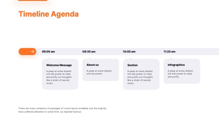Пример слайда: «Timeline Agenda» — расписание по времени с четырьмя карточками пунктов программы