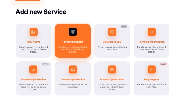Пример слайда: «Add new Service» — сетка из восьми карточек услуг с оранжевыми значками