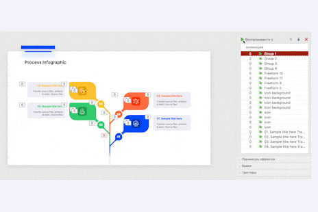 Запись экрана PowerPoint: древовидная инфографика «Process Infographic» и область анимации
