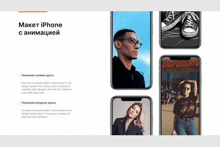 Пример анимированного слайда: «Макет iPhone с анимацией» — четыре экрана смартфонов с фотографиями