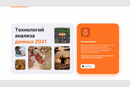 Пример анимированного слайда: коллаж из пяти фото и оранжевая карточка на слайде о технологиях анализа данных
