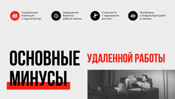 Слайд содержит заголовок "Основные минусы удаленной работы" и перечисляет проблемы, такие как социальная изоляция, нарушение баланса работы и жизни, сложности с карьерным ростом и проблемы с инфраструктурой. На фоне изображен человек, работающий на диване.
