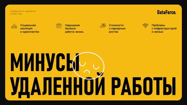 Слайд с заголовком "Минусы удаленной работы" на желтом фоне, включает иконки и текст, описывающий социальную изоляцию, проблемы с балансом работы и жизни, сложности карьерного роста и инфраструктурные проблемы.