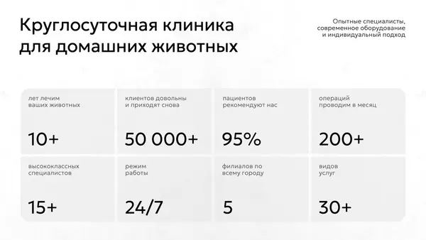 Круглосуточная клиника для домашних животных с данными о количестве лет работы, довольных клиентах, рекомендациях, операциях и спектре услуг.