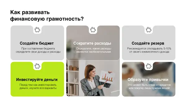 Слайд содержит четыре блока с советами по развитию финансовой грамотности: создание бюджета, сокращение расходов, создание резерва и инвестирование денег. Каждый блок оформлен в цветных ячейках с краткими рекомендациями.