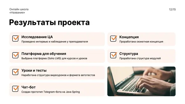 Слайд содержит список результатов проекта, включая исследование целевой аудитории, платформу для обучения, концепцию, структуру модулей, уроки и тесты, а также чат-бота.