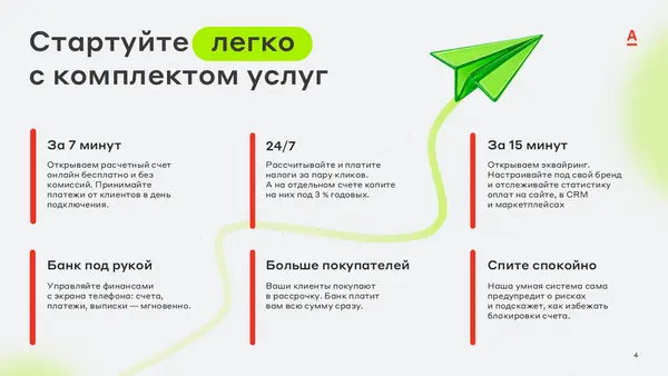 Слайд содержит текстовые блоки с преимуществами услуги: быстрое открытие счета, круглосуточная поддержка, управление финансами, увеличение числа покупателей и спокойствие клиентов. Визуально представлен самолет, символизирующий легкость и скорость.