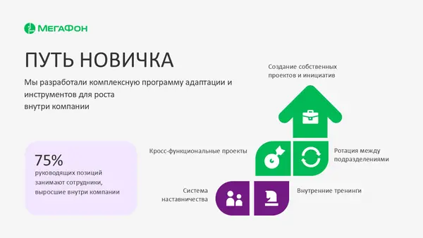 Слайд иллюстрирует программу адаптации новых сотрудников, включая кросс-функциональные проекты, внутренние тренинги и инструменты для роста компании. Визуально представлены иконки и текстовые блоки, подчеркивающие ключевые аспекты программы.