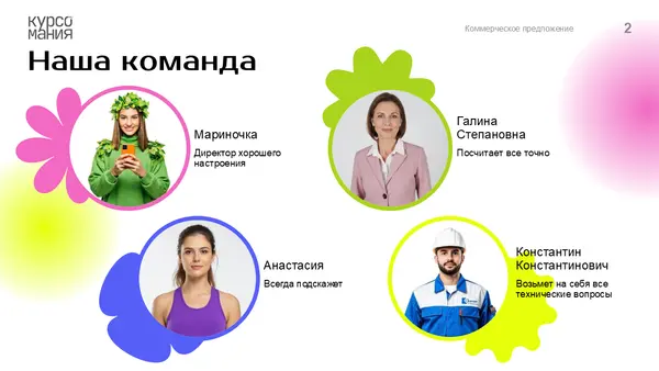 Слайд представляет команду с четырьмя участниками, каждый из которых изображён с иконкой и кратким описанием роли. Фон украшен яркими цветными элементами.