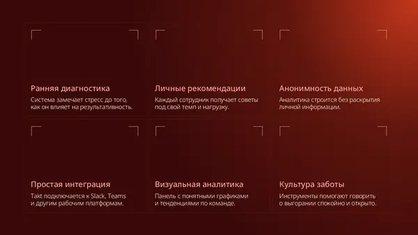 Слайд содержит шесть блоков с текстовыми заголовками, описывающими ключевые аспекты системы: ранняя диагностика, личные рекомендации, анонимность данных, простая интеграция, визуальная аналитика и культура заботы. Фон выполнен в градиенте от темного к светлому.