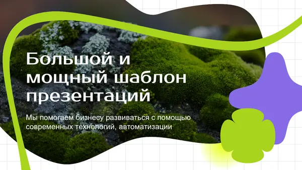 Слайд содержит текст о большом и мощном шаблоне презентаций, оформленный на фоне мха с яркими графическими элементами.