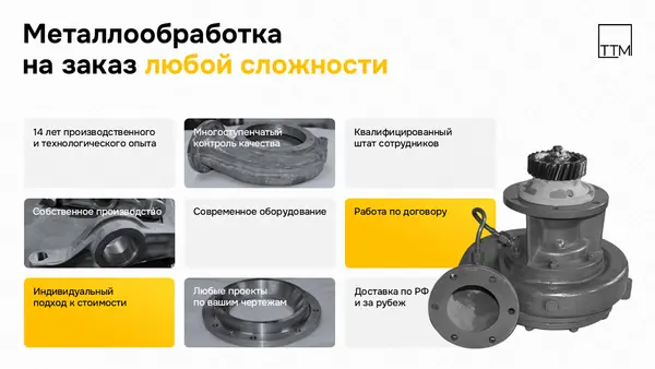 Слайд содержит информацию о металлообработке на заказ, включая 14 лет опыта, индивидуальный подход, квалифицированный штат и условия работы. Присутствуют иконки и фотографии оборудования.