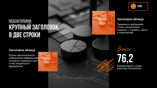 Слайд содержит заголовок и подзаголовок на темном фоне, график в виде круговой диаграммы и текстовые блоки с информацией о важности показателя.