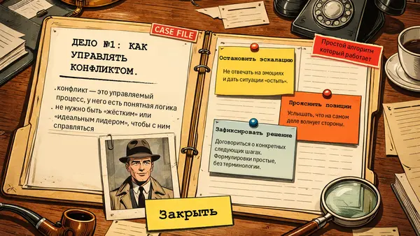 Слайд содержит текстовые блоки с описанием управления конфликтом, иллюстрацию детектива и заметки с ключевыми идеями и рекомендациями.