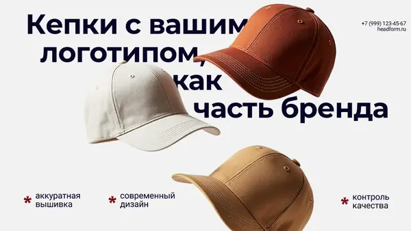 Кепки разных цветов с логотипом, акцент на аккуратную вышивку, современный дизайн и контроль качества. Текст на фоне подчеркивает важность кепок как части бренда.