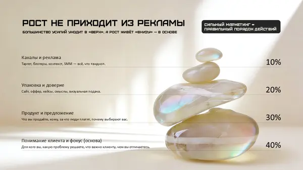 Слайд содержит информацию о росте бизнеса, представленной в виде диаграммы с камнями, показывающей процентное распределение факторов: каналы и реклама, указания и доверие, продукт и предложение, понимание клиента и фокус.