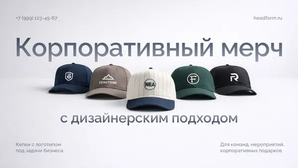 представлены пять кепок с различными логотипами, оформленные в современном стиле. Текст акцентирует внимание на корпоративном мерче с дизайнерским подходом.
