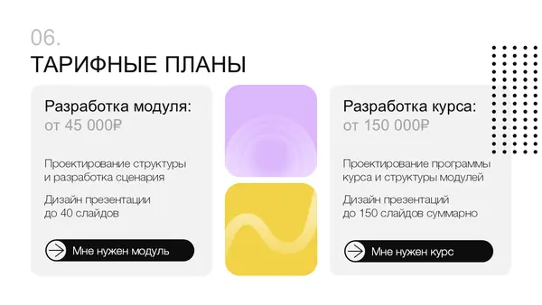 Тарифные планы с информацией о стоимости разработки модуля и курса, включая описание услуг и объемов работы.