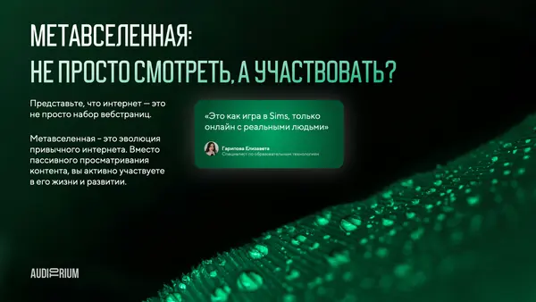 Слайд с зеленым фоном и текстом о метавселенной, обсуждающим участие пользователей в интернет-пространстве. Включает цитату о сравнении с игрой Sims.